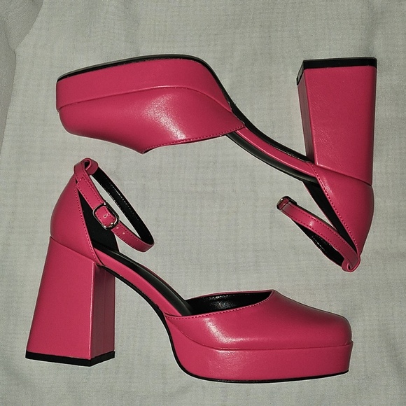 🟢 Pink Square Toe Chunky Heels Maryjanes Size 8 - Picture 3 of 9